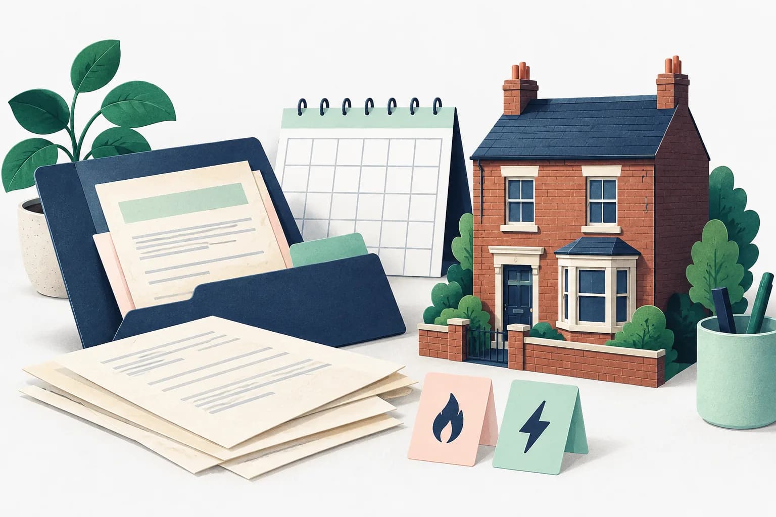 Illustration of an English house beside a folder of tenancy papers, a calendar, and gas and electrical symbols.